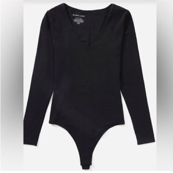 NWT Everlane Long Sleeve V Neck Bodysuit Black  Supima Cotton XS - Picture 1 of 3